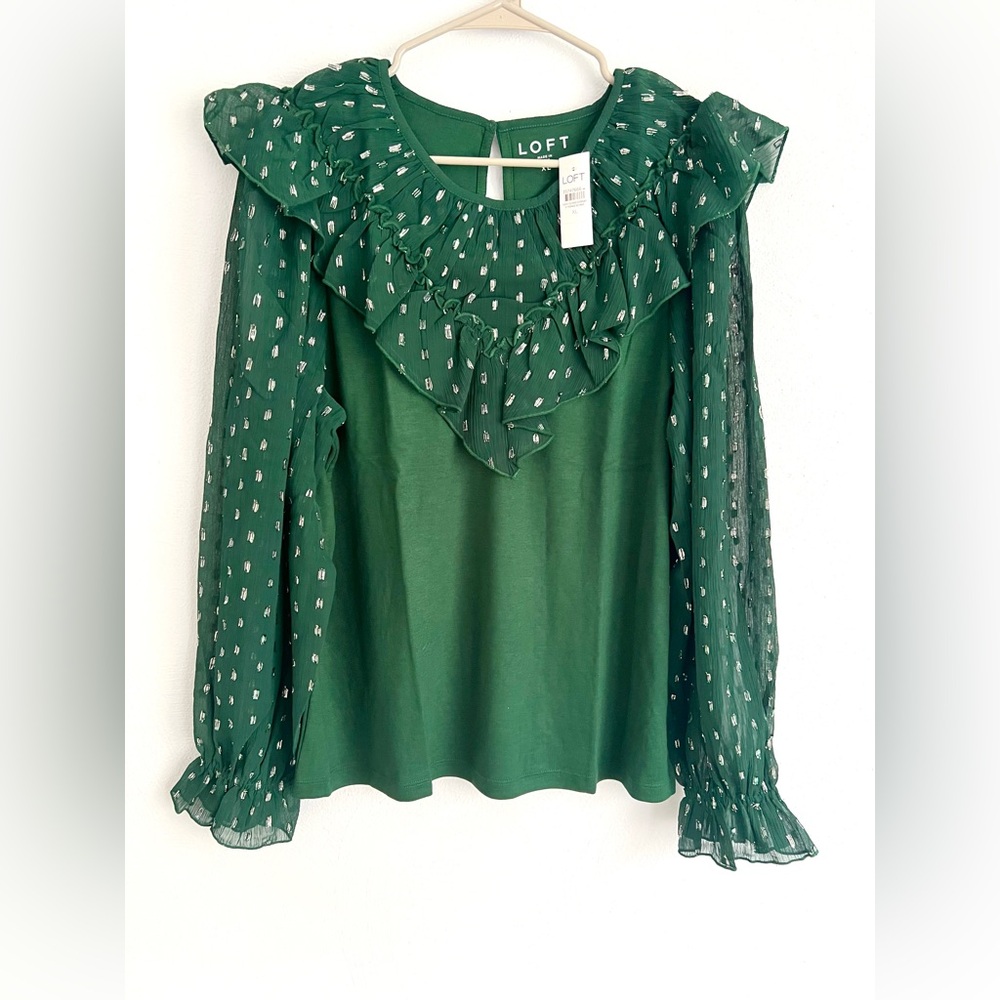 LOFT Ruffle Yoke Knit Top in Deep Green